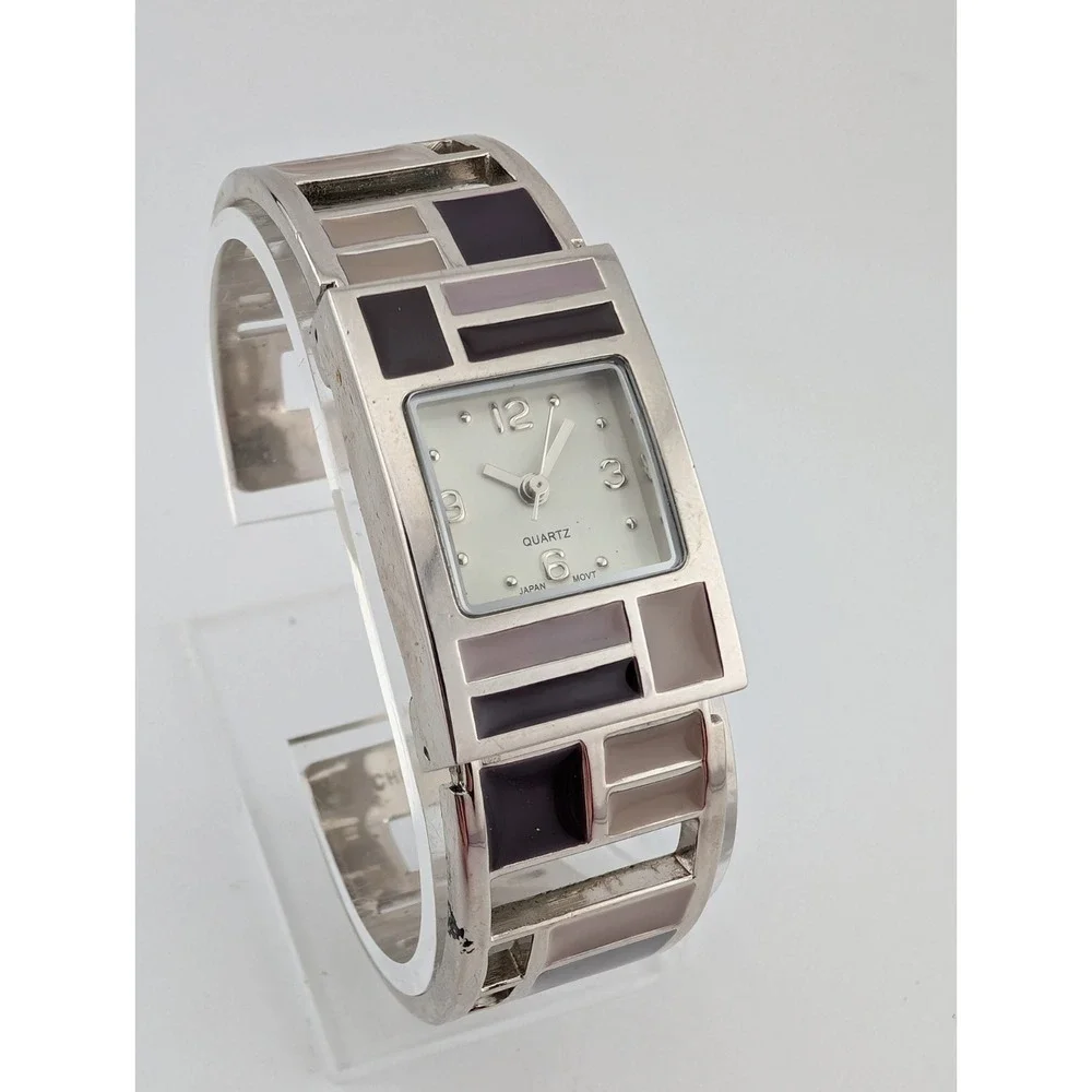 Avon Shades of Violet Silver Tone Cuff Watch‎ Silver Bangle Band- New Battery